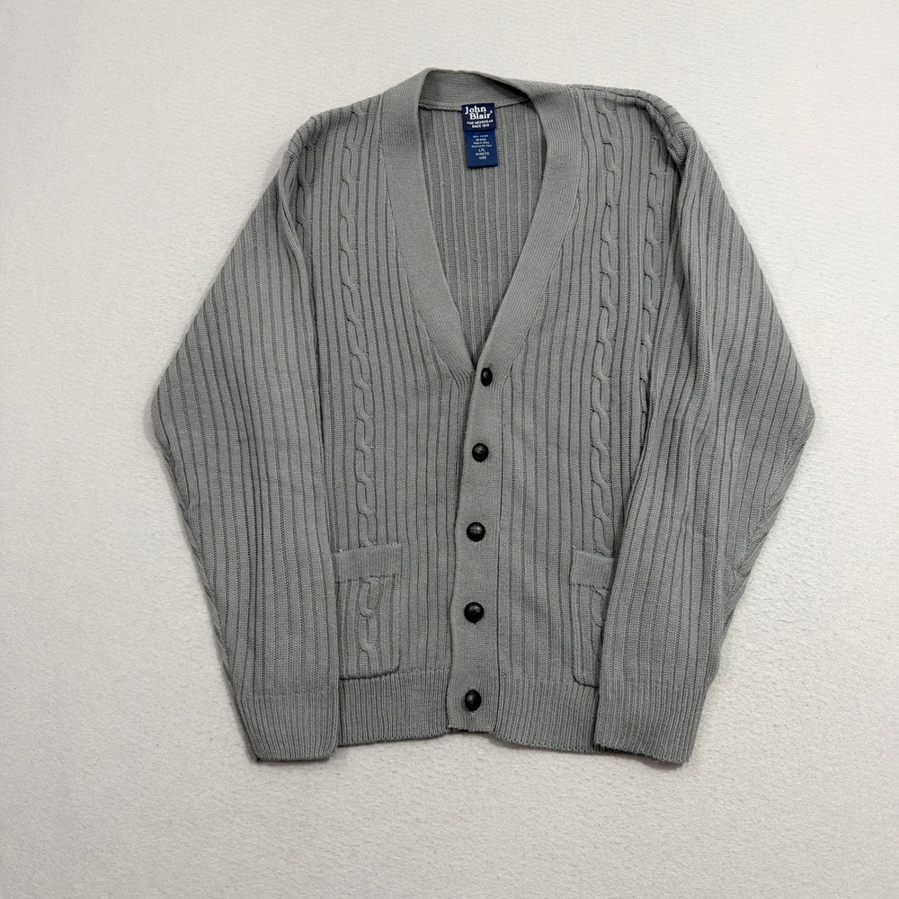 Vintage John Blair Cardigan Large Gray Cable Knit Button Up 80s 90s Preppy Class